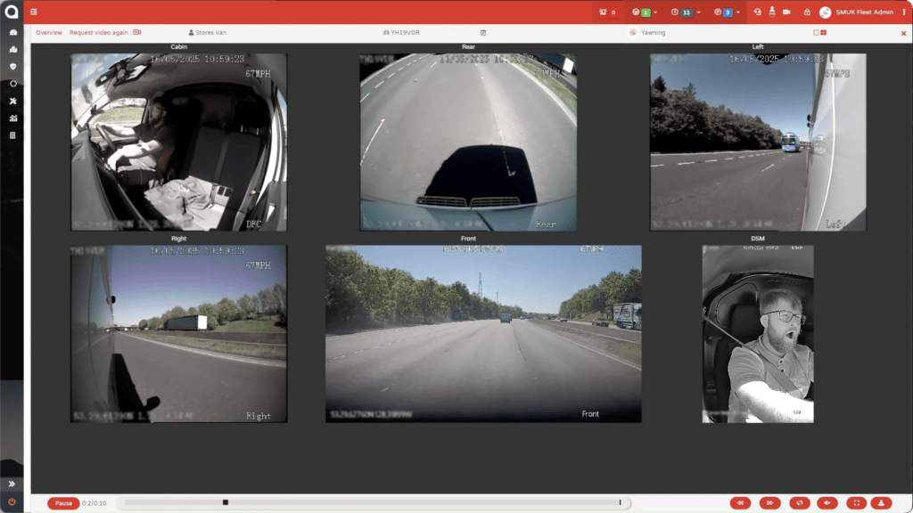 Stream platform live footage view showing six simultaneous camera angles including cabin, front, rear and driver-facing feeds on an HGV