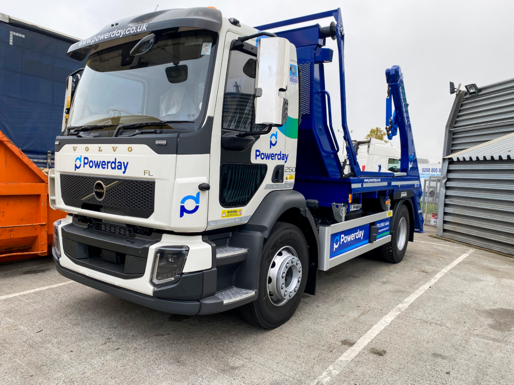 Powerday Skip loader vehicle with Stream & SM UK camera equipment installed